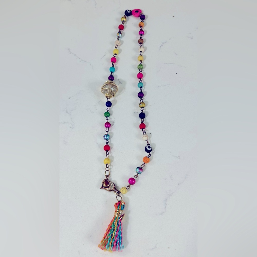 Handmade colorful necklace with multi colored beads and tassel